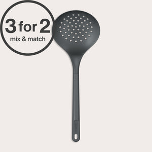 The Zyliss Skimmer, a black heat-resistant slotted spoon, is shown against a light background. A circular label in the top left says “3 for 2 mix & match” in bold and regular fonts.