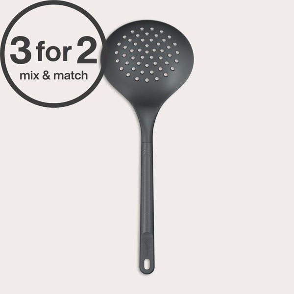 The Zyliss Skimmer, a black heat-resistant slotted spoon, is shown against a light background. A circular label in the top left says “3 for 2 mix & match” in bold and regular fonts.