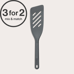 A dark gray Zyliss Fish Turner with a slotted, heat-resistant design and ergonomic handle is displayed on a white background. A circular 3 for 2 mix & match label appears in the top left corner.
