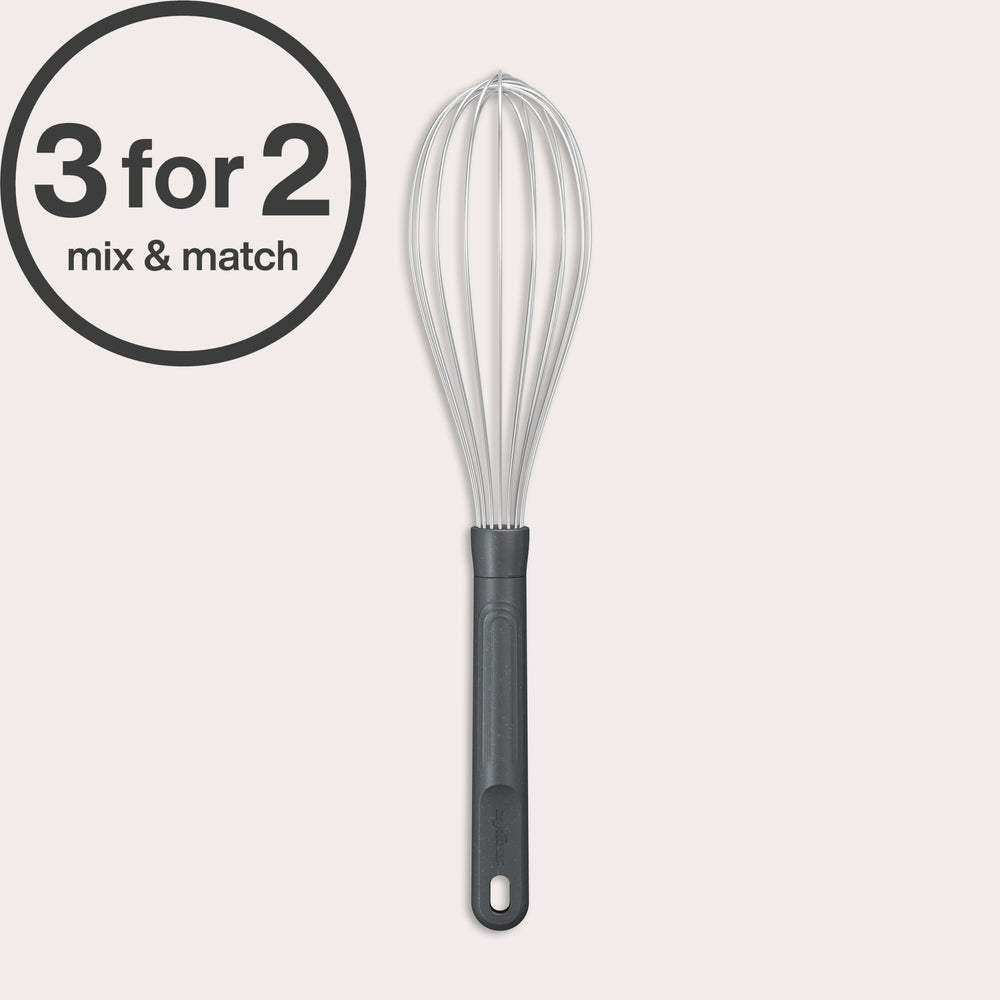 A Zyliss Balloon Whisk with a black handle is displayed on a white background. A circular label in the top left corner says 3 for 2 mix & match—ideal for non-stick cookware. #Large