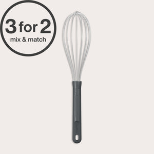 A Zyliss Balloon Whisk with a black handle is displayed on a white background. A circular label in the top left corner says 3 for 2 mix & match—ideal for non-stick cookware. #Large