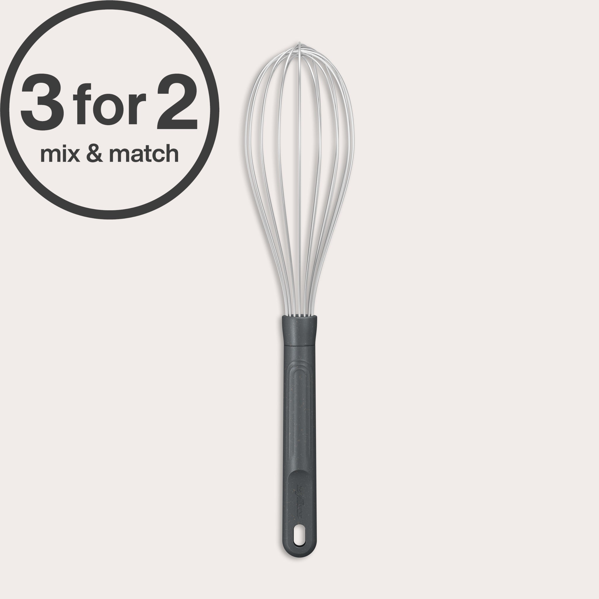 A Zyliss Balloon Whisk with a black handle is displayed on a white background. A circular label in the top left corner says 3 for 2 mix & match—ideal for non-stick cookware. #Large