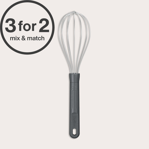 A Zyliss Balloon Whisk with silicone-coated metal wires and a black handle is shown on a white background. A circular 3 for 2 mix & match label appears in the top left corner.#Medium