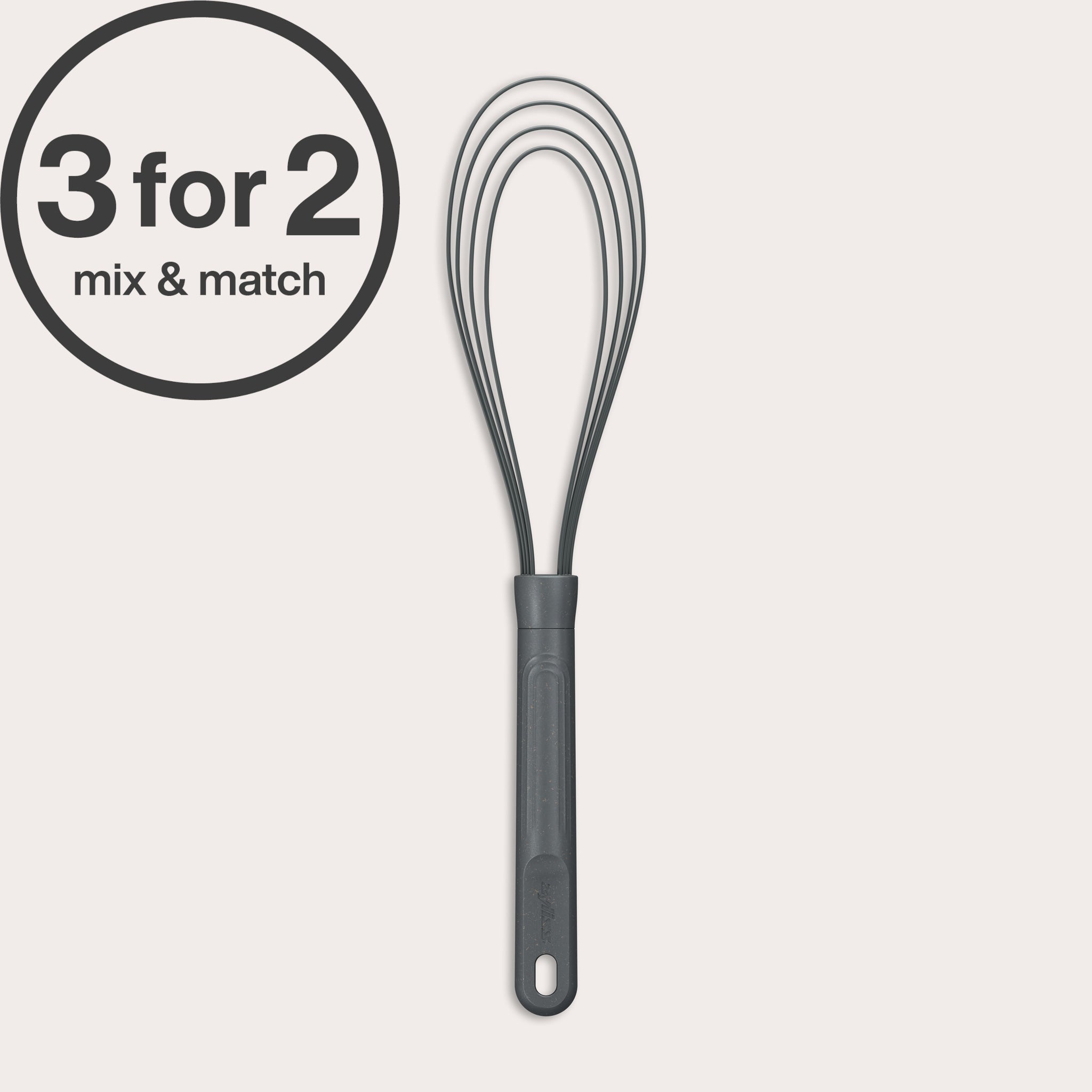 A black Flat Whisk Silicone by Zyliss with a heat-resistant design and plastic handle is shown on a white background. A 3 for 2 mix & match label appears in the top left. Ideal for use on non-stick surfaces.