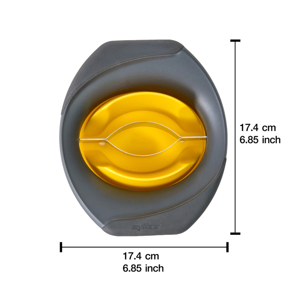 Top view of the Zyliss Mango Splitter, a yellow and gray 3-in-1 tool featuring a metal wire, measuring 17.4 cm (6.85 inches) in both width and height, displayed with black measurement lines and text annotations.