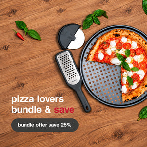 A mozzarella and basil pizza on a non-stick tray, plus a cheese grater and pizza wheel—discover the Zyliss pizza lovers, bundle & save 25% for the ultimate pizza night!.