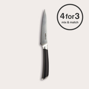 The Zyliss Comfort Pro Serrated Paring Knife 11cm, made from German stainless steel with a black ergonomic handle, is shown beside a circular "4 for 3 mix & match" label on a light background.