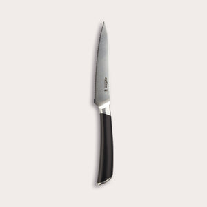 The Zyliss Comfort Pro Serrated Paring Knife 11cm (4½") features a German stainless steel blade and a black ergonomic handle, displayed on a plain light-colored background.