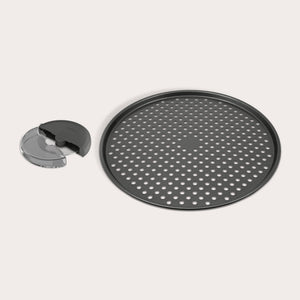 The Zyliss Pizza Tray & Cutter Bundle includes a round black perforated tray and a compact black-and-clear cutter—ideal for homemade pizza, all displayed on a white background.