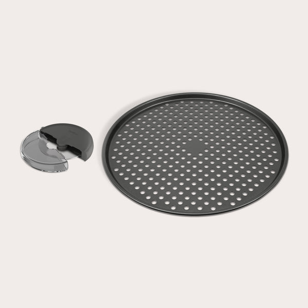 The Zyliss Pizza Tray & Cutter Bundle includes a round black perforated tray and a compact black-and-clear cutter—ideal for homemade pizza, all displayed on a white background.