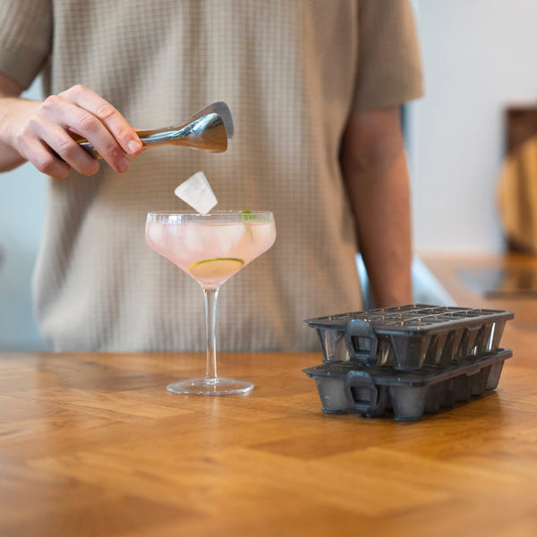 Adding an ice cube to a drink beside two stacked zyliss Classic Ice Cube Trays.