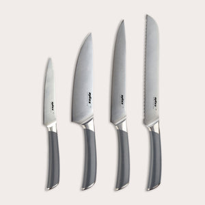Four kitchen knives with silver blades and grey handles from the Zyliss Comfort Pro Kitchen Quartet Knife Set are arranged side by side on a light background. This versatile set includes a paring knife, chef knife, carving knife, and bread knife—each designed for a specific task in food preparation.
