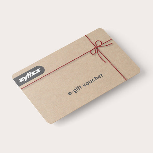 The Zyliss e-Gift Voucher by Zyliss features a simple brown design with a red string bow and "e-gift voucher" in gray text—an ideal present for anyone who loves quality kitchenware.