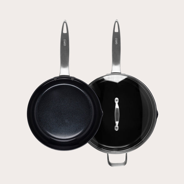 The Zyliss Ultimate Pro Ceramic Frying Pan & Sauté Pan Bundle is displayed side by side; the frying pan is uncovered, while the ceramic non-stick sauté pan is shown with a glass lid featuring a metal handle.