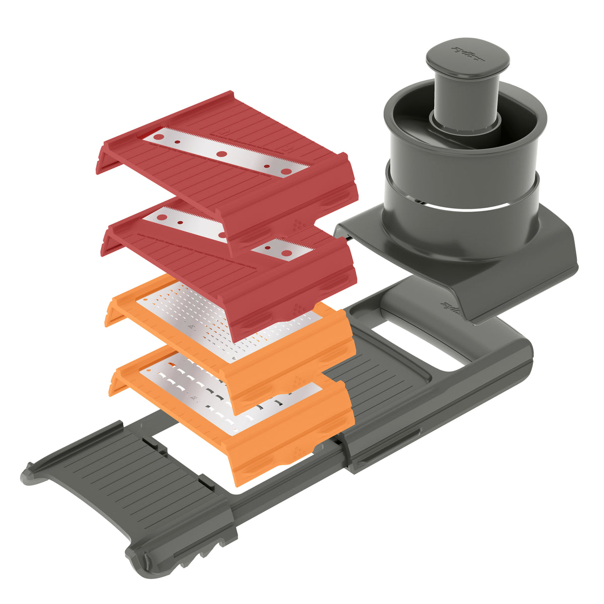 zyliss 4 in 1 Slicer & Grater with its four blades and food pusher separated